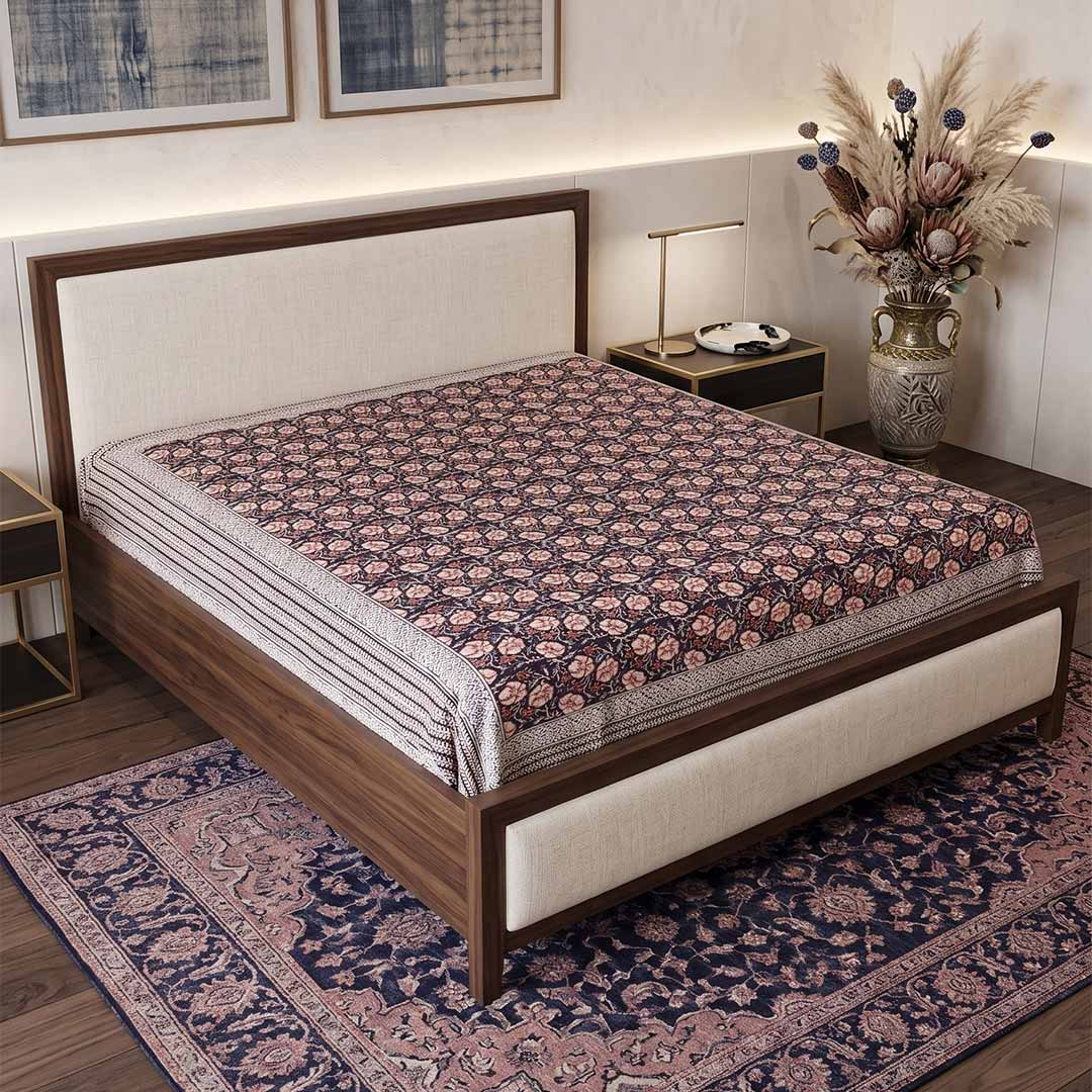 Botanical Motif Block Printed Vegetable Dye Bedsheet