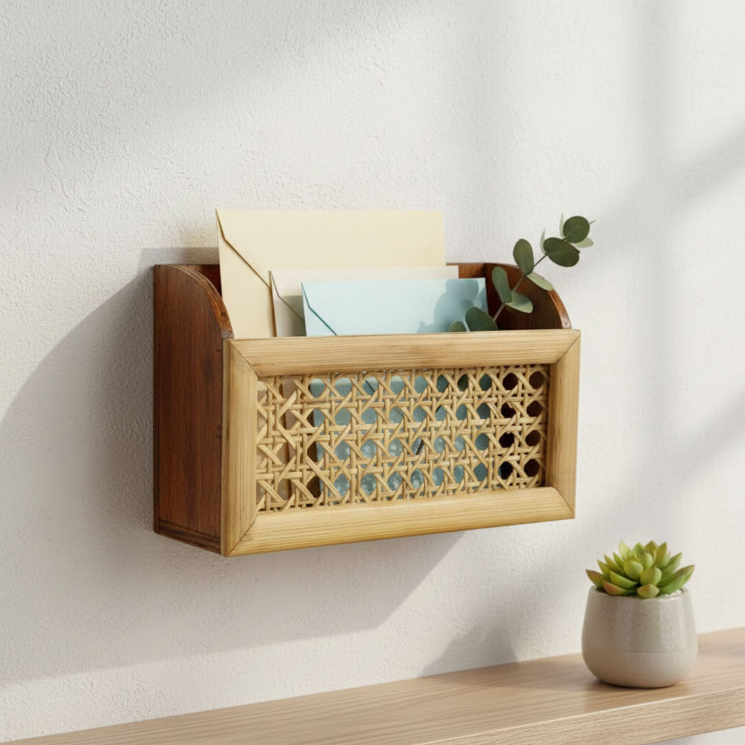 Vintage Wooden Wall Mail Organizer with Rattan Front