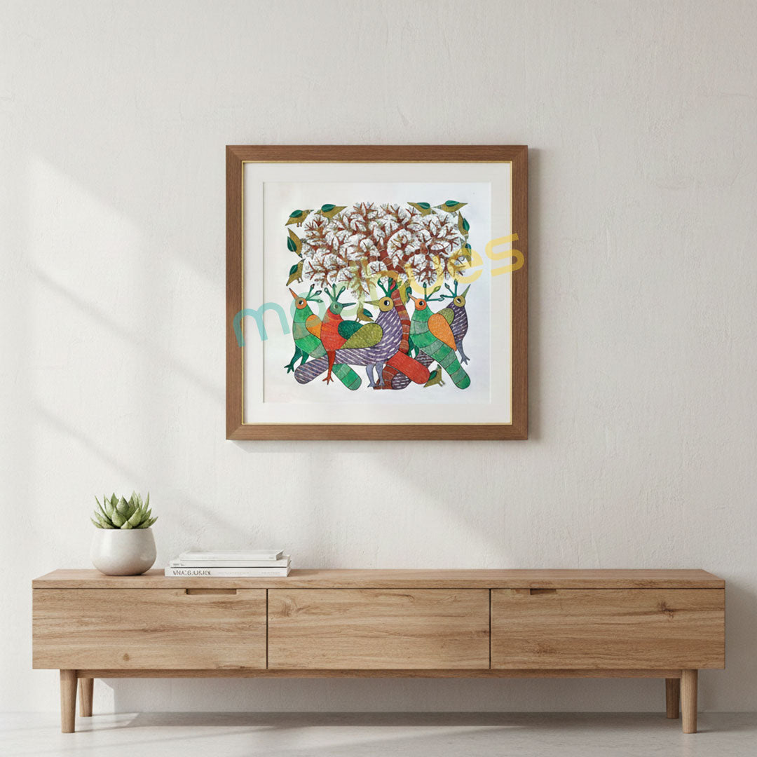 Gond Tribal Art: Colorful Birds & Tree of Life on Paper