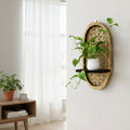 Oval Rattan Webbing and Dark Wood Wall Shelf