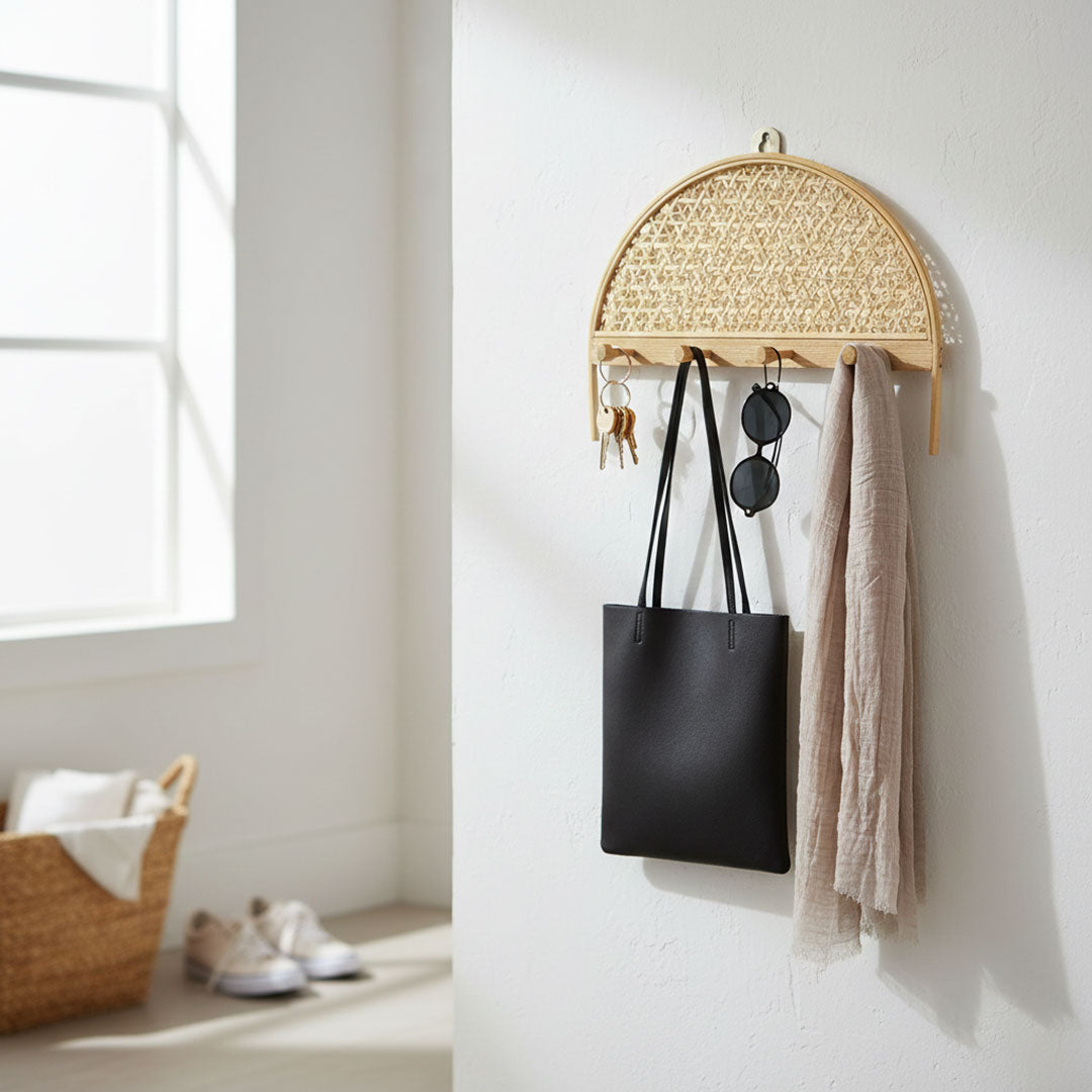 Half Moon Woven Rattan Wall Rack with 4 Hooks