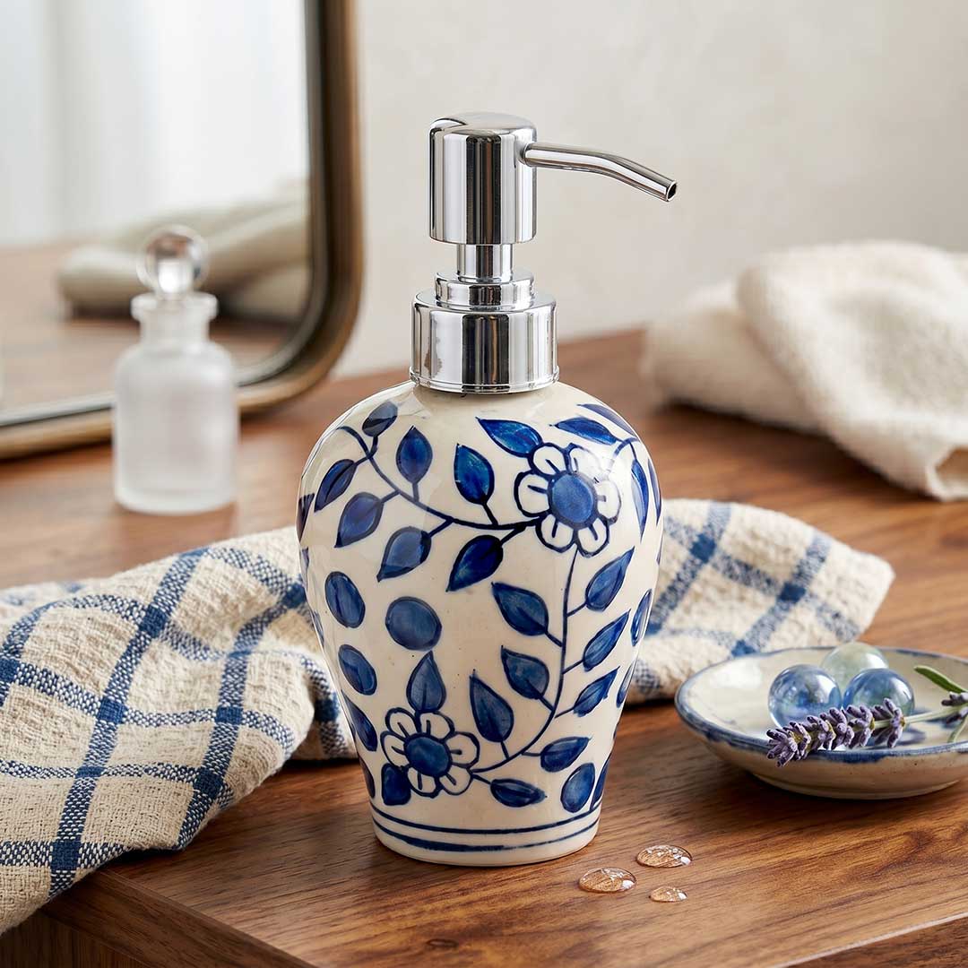 Azure Bloom Blue Pottery Soap Dispenser