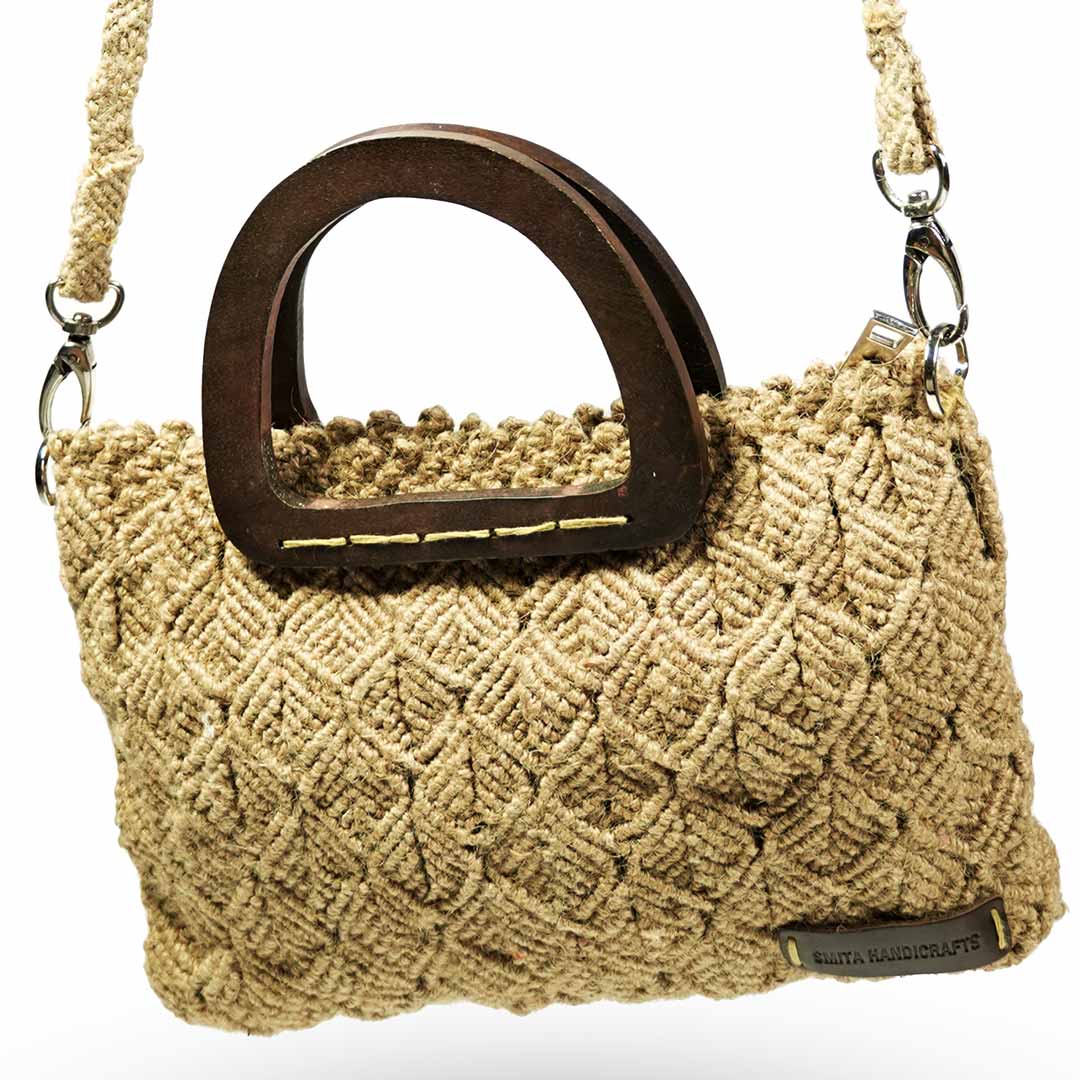 Jute Macrame Handbag with Wooden Handle & Shoulder Strap
