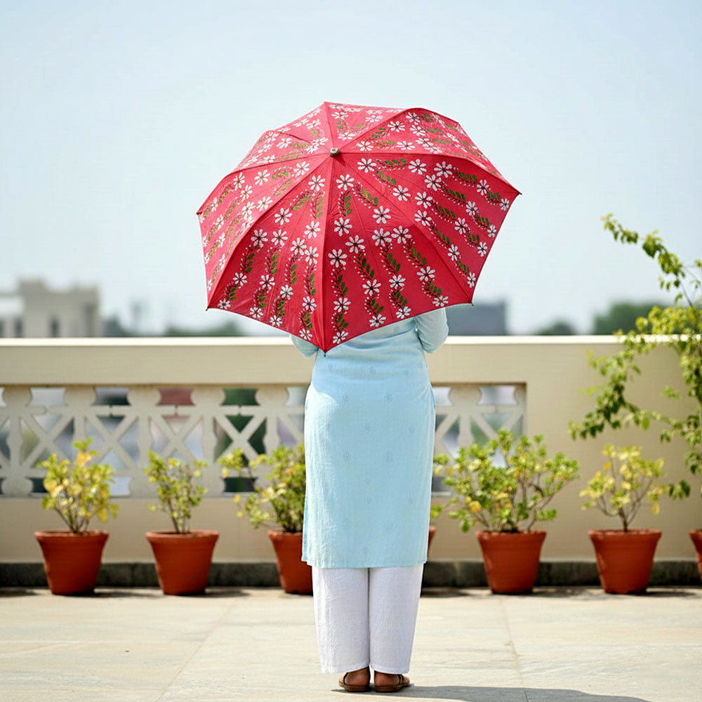 Scarlet Daisy Vine Embroidered Umbrella - Madhues
