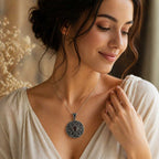 Vintage Garnet Red Mandala Pendant in Oxidized Silver