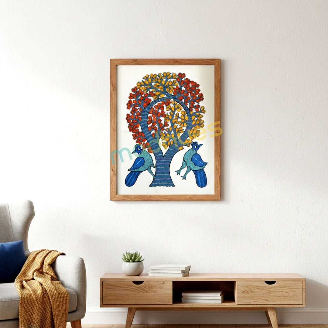 Gond Art Tree of Life & Blue Birds Handpainted Paper Painting