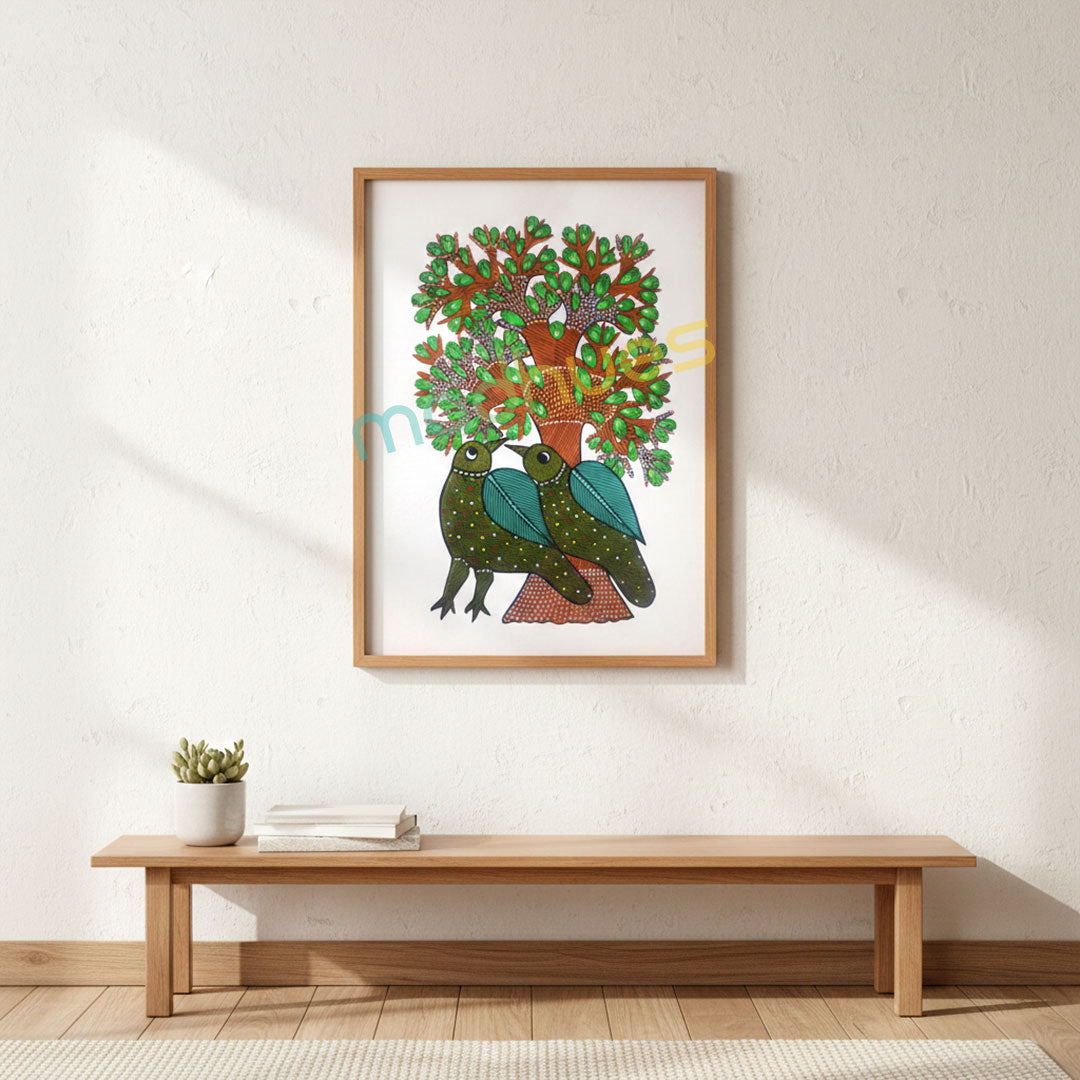 Gond Art Bird Couple on Tree - Handmade Paper Painting