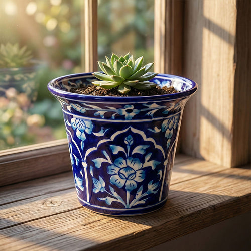 Succulent plant in a blue and white patterned pot on a windowsill