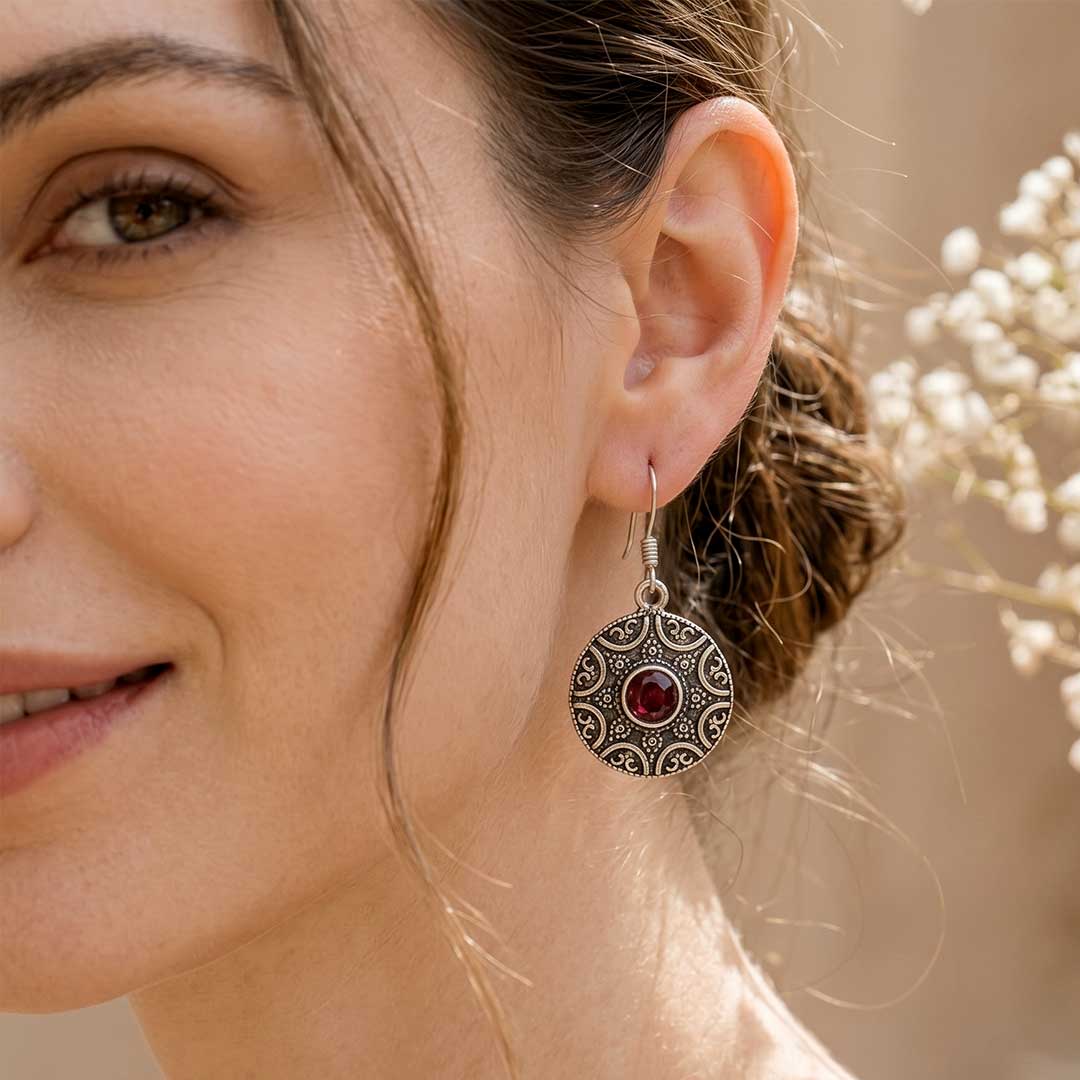 Handcrafted Garnet Red Mandala Drop Earrings in Oxidized Silver