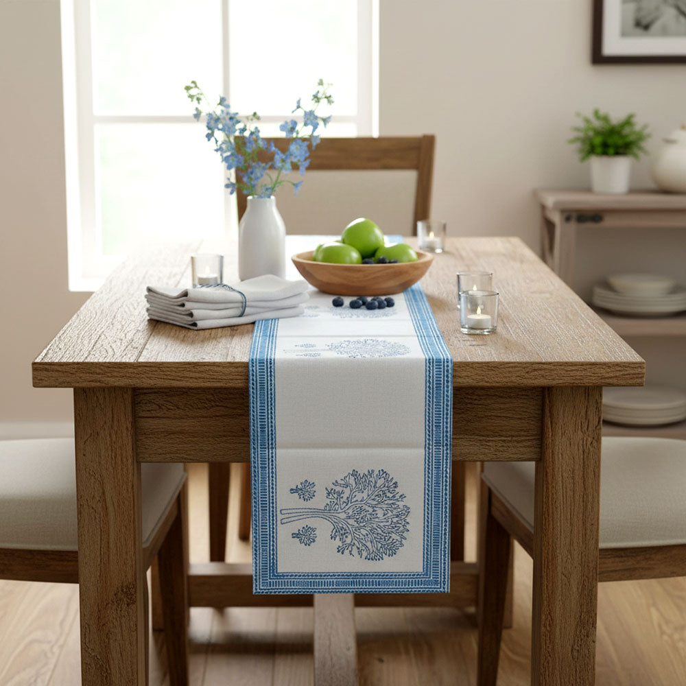 Indigo & White Tree Motif Bagru Block Print Cotton Table Runner - Madhues