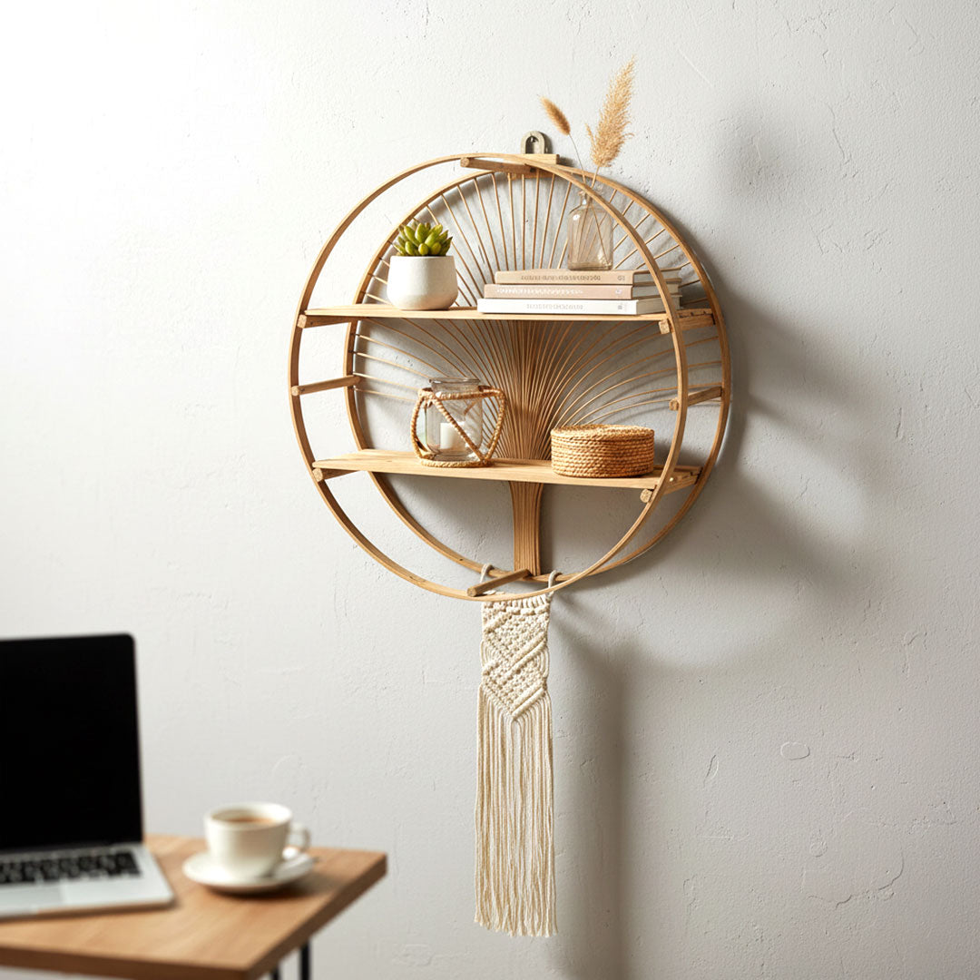 Round Bamboo Wall Shelf - Boho Decorative Display