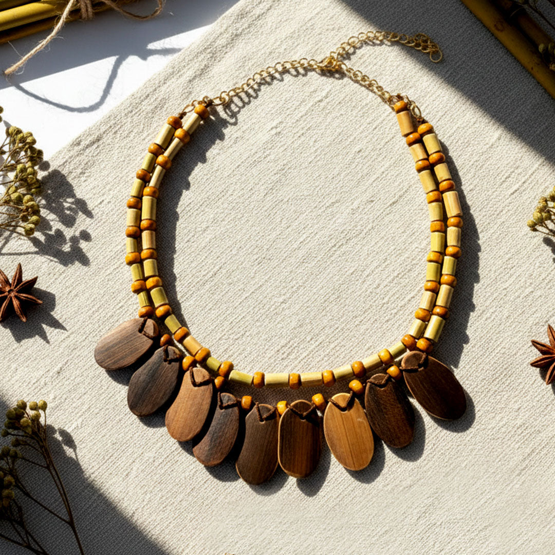 Boho Double Strand Bamboo and Wood Pendant Necklace