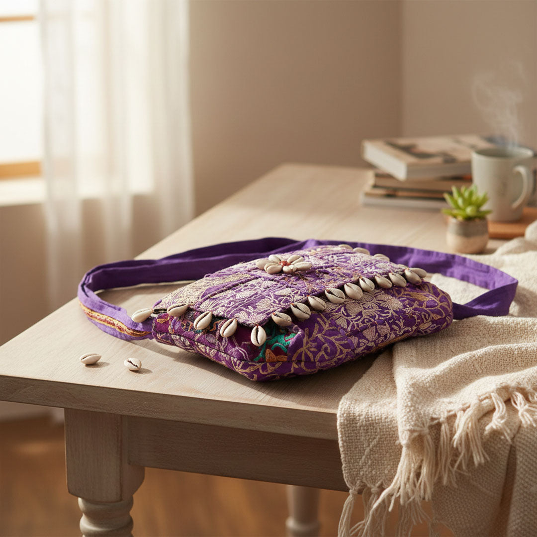 Purple Kasida Kari Embroidered Sling Bag with Shells