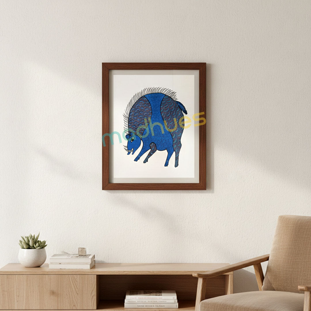 Blue Wild Boar Gond Art Painting on Paper