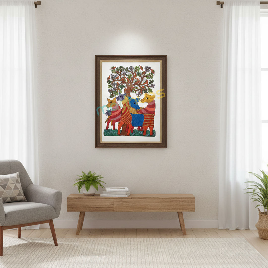 Traditional Gond Art Painting on Paper - Deer and Birds Theme