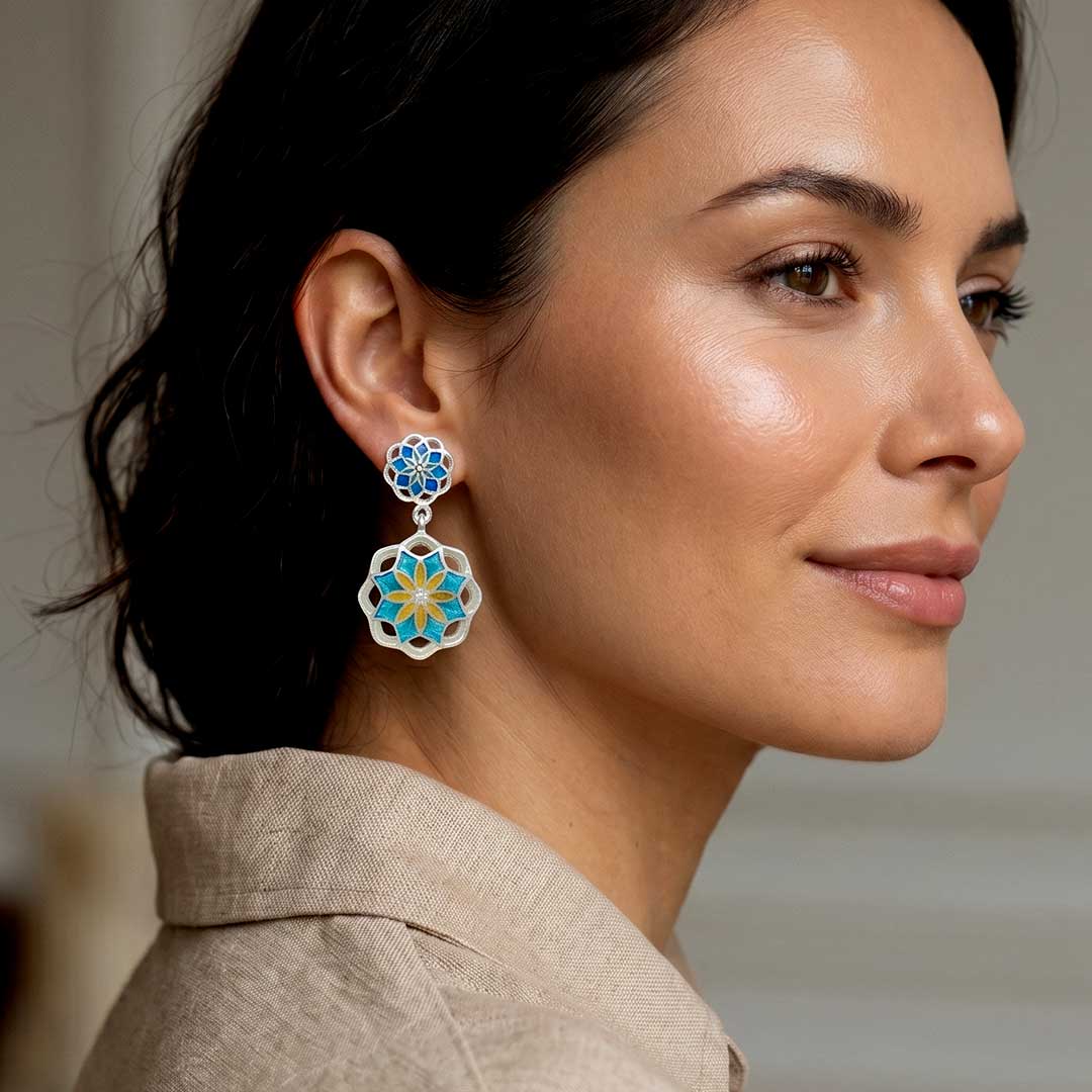 Vibrant Enamel Mandala Flower Drop Earrings in Silver