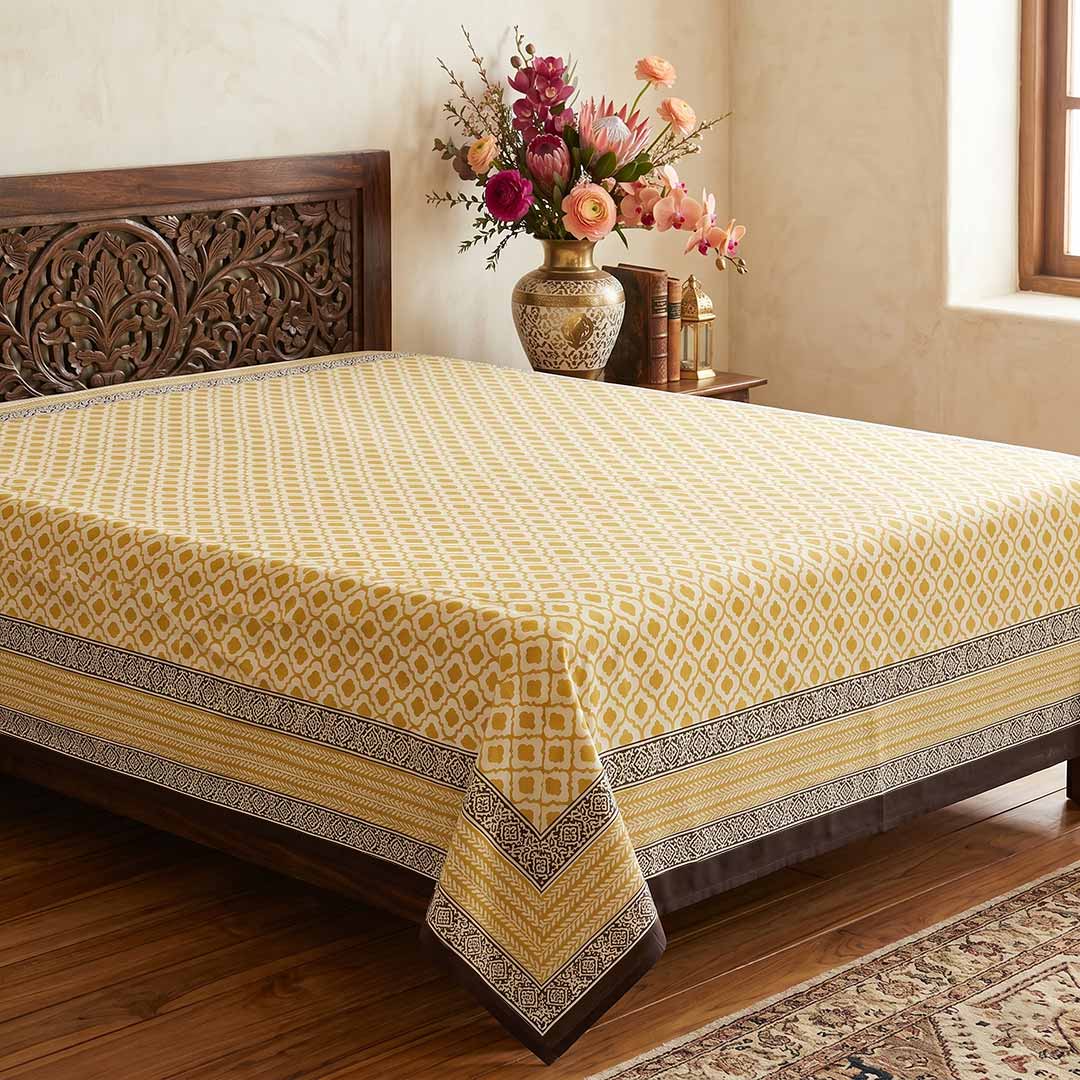Mustard Yellow Block Printed Vegetable Dye Bedsheet