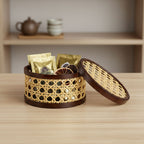 Woven basket with tea bags on a wooden surface