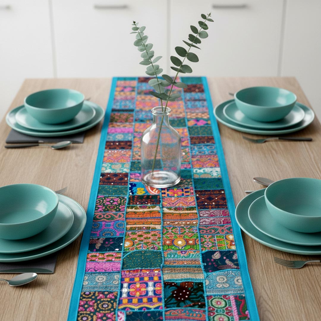 Kasida Kari Hand-Embroidered Patchwork Table Runner