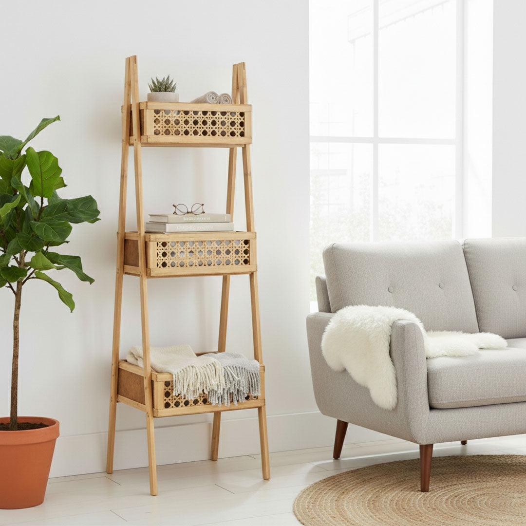 3-Tier Bamboo and Rattan Ladder Shelf Storage Unit