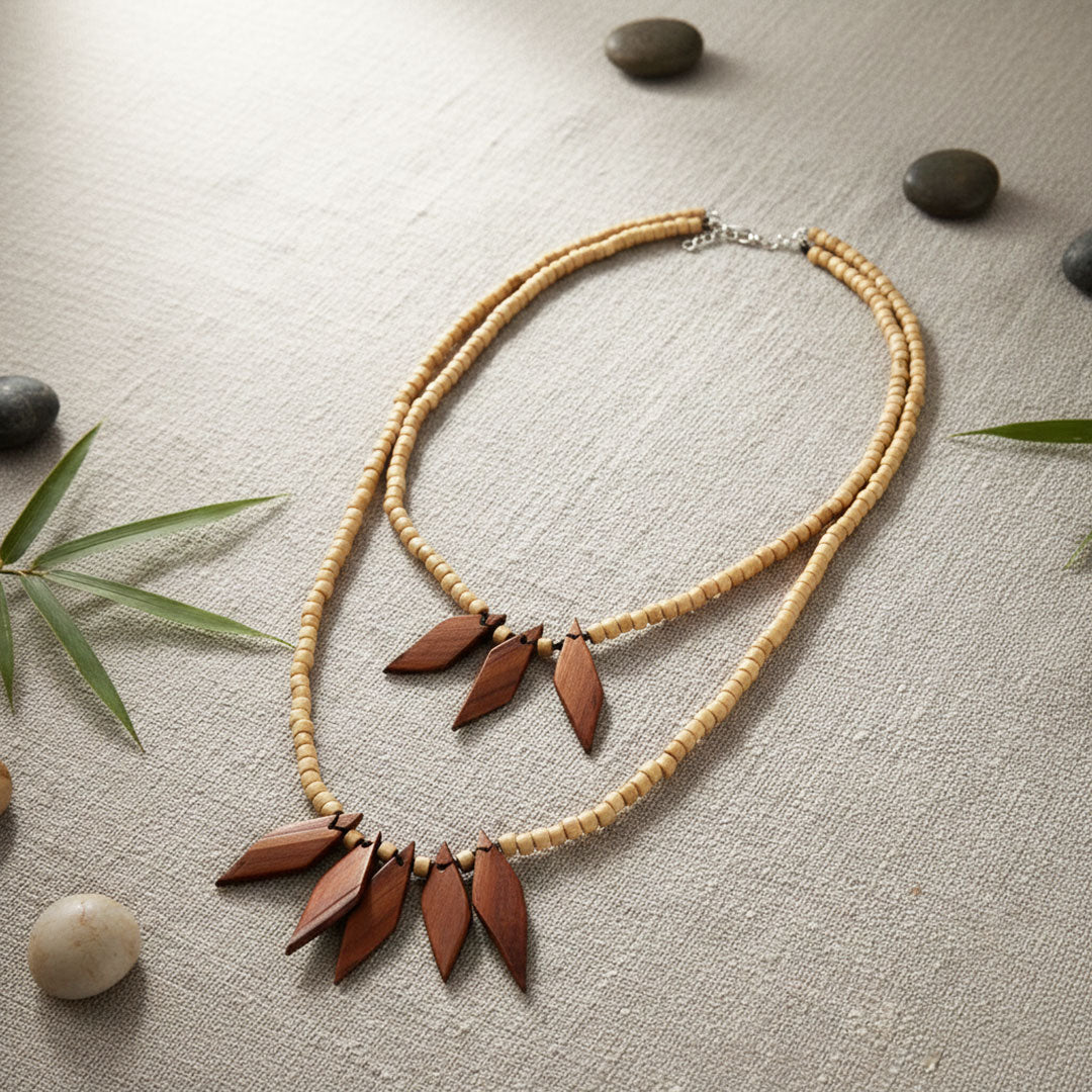 Double Strand Wooden Bead Necklace with Leaf Pendants