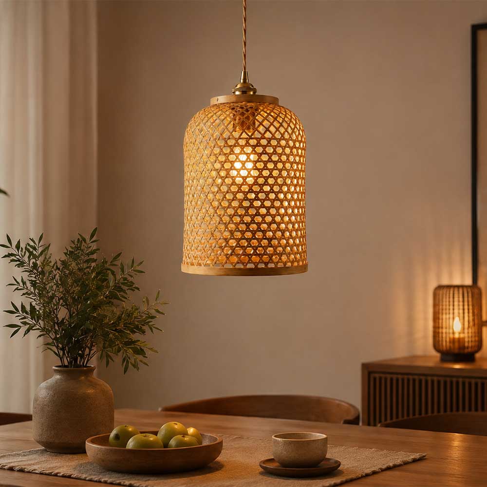 Woven Bamboo Lattice Dome Hanging Lamp