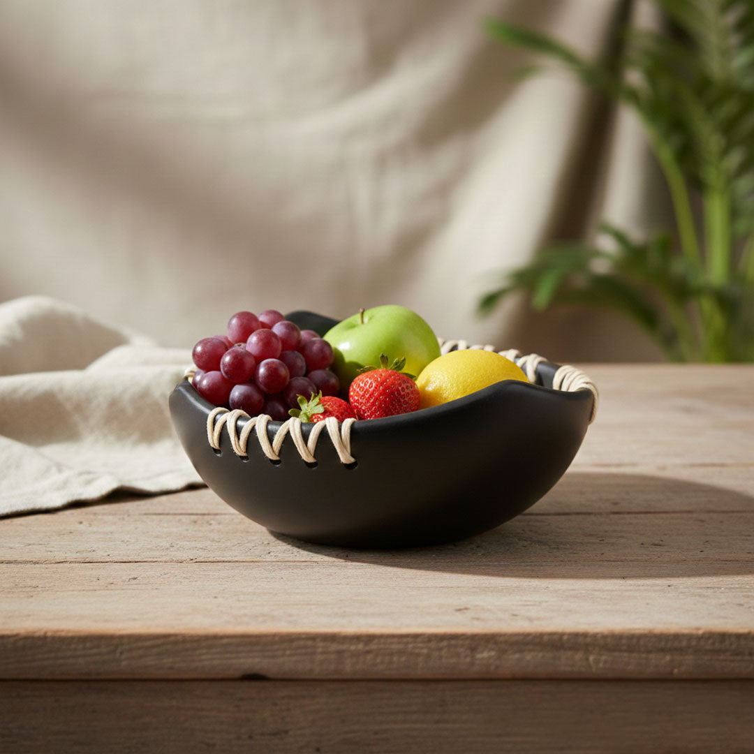 Handcrafted Longpi Black Pottery Bowl with Cane Stitching