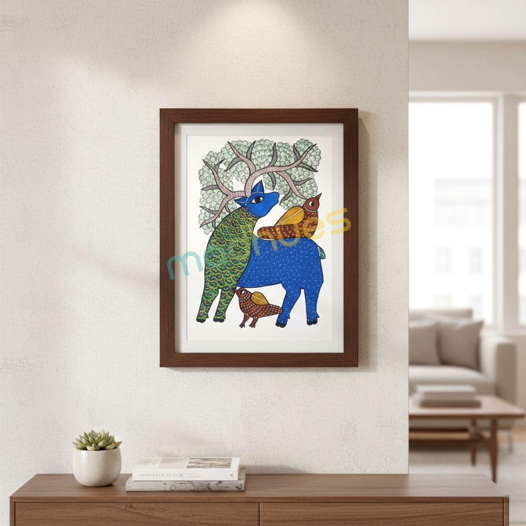 Gond Art Deer Painting on Paper - Unframed Tribal Folk Art