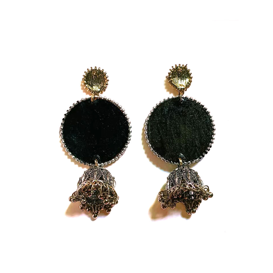 Maroon & Teal Hand-Painted Mirror Work Jhumka Earrings - Image 3