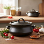 Black ceramic pot with lid on a wooden surface with ingredients in a kitchen setting