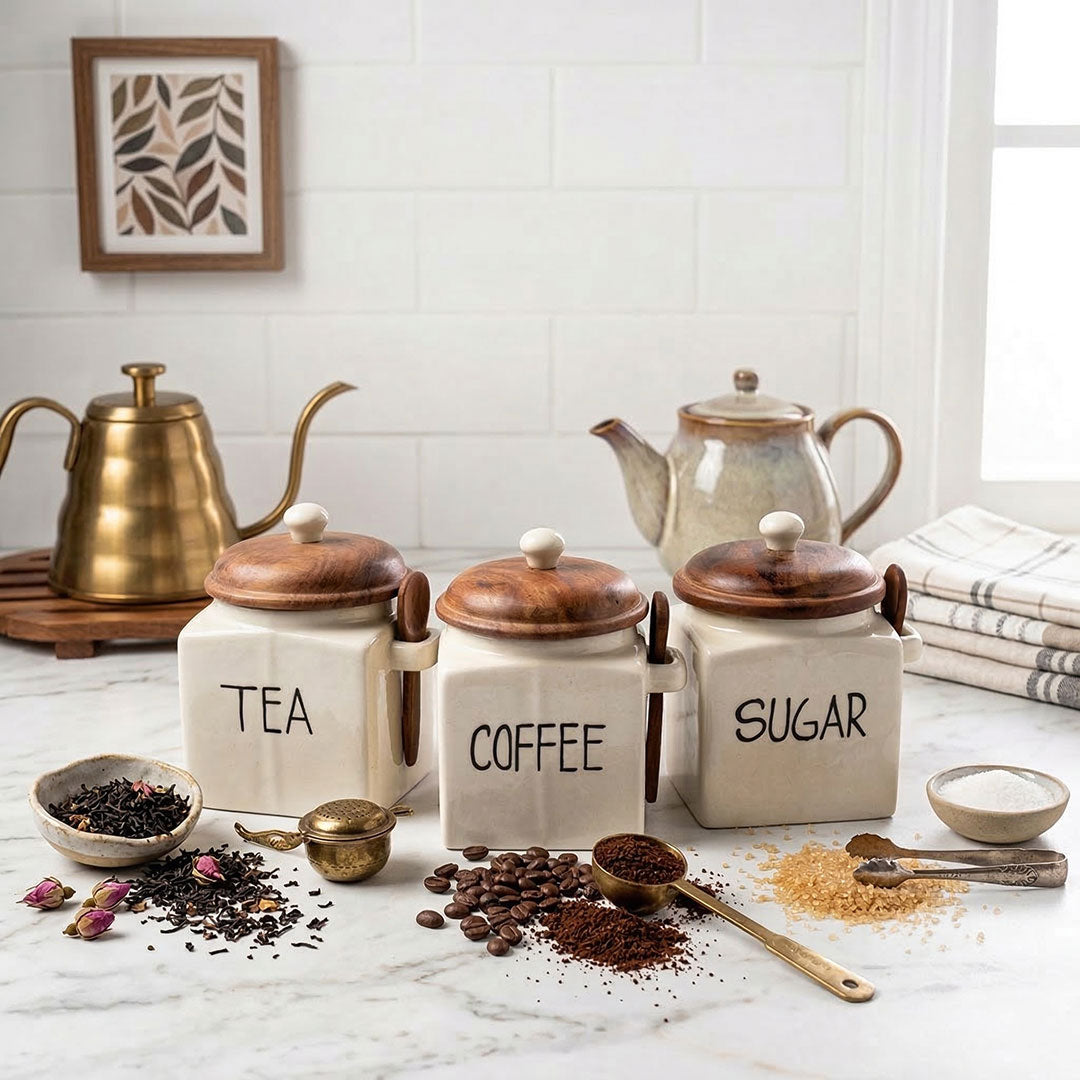 Set of 3 Ceramic Tea Sugar Salt Canisters with Wooden Lids & Spoons