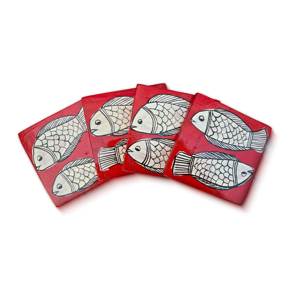 Pattachitra Dual Fish Coaster - Hand-Painted Red Art