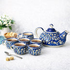 Artisanal Blue & White Ceramic Tea Set with Teapot & Cups