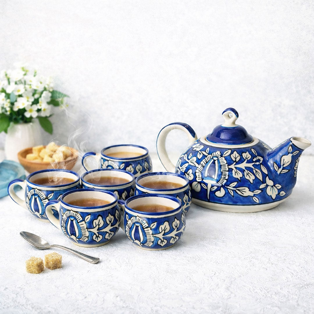 Artisanal Blue & White Ceramic Tea Set with Teapot & Cups