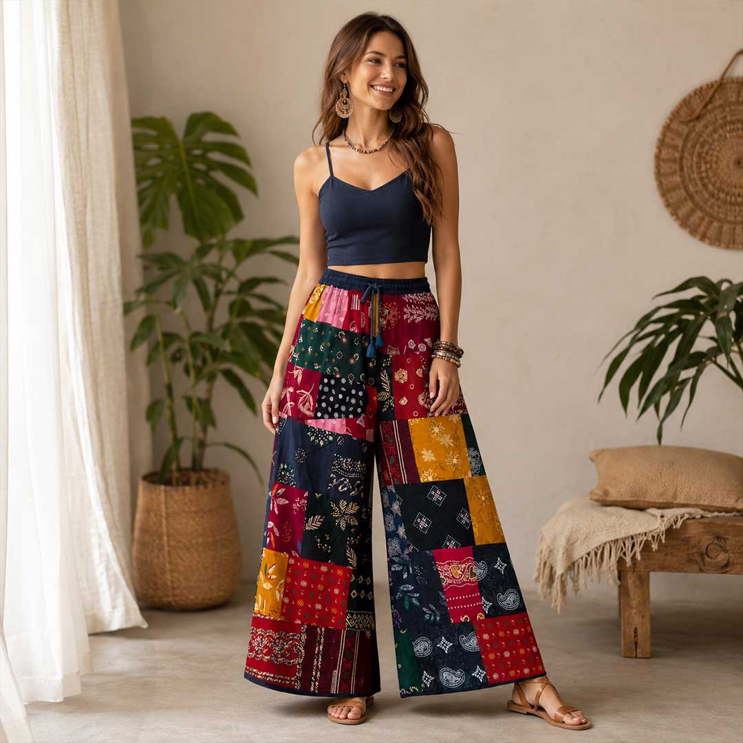Boho Artisan Patchwork Cotton Wide Leg Palazzo Pants