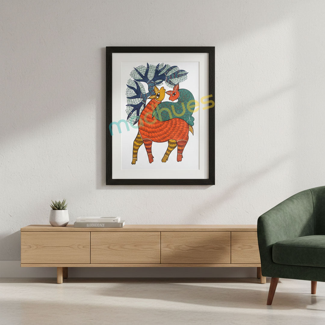 Gond Art Deer Painting on Paper - Authentic Tribal Folk Art