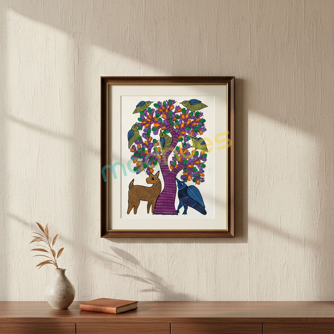 Gond Art Deer and Birds Tree Painting on Paper