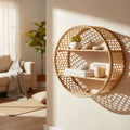 Round wicker shelf with decorative items in a living room