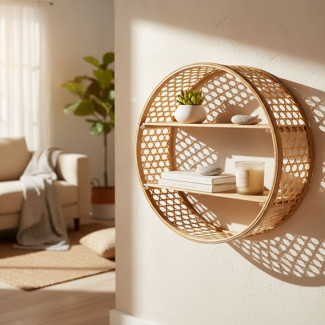 Circular Rattan Woven Wall Shelf - Boho Decorative Shelving