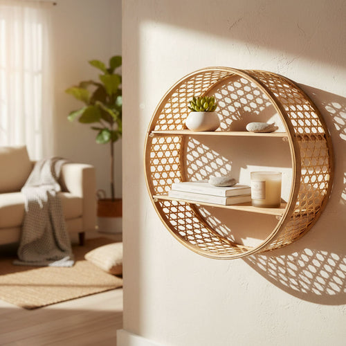 Round wicker shelf with decorative items in a living room