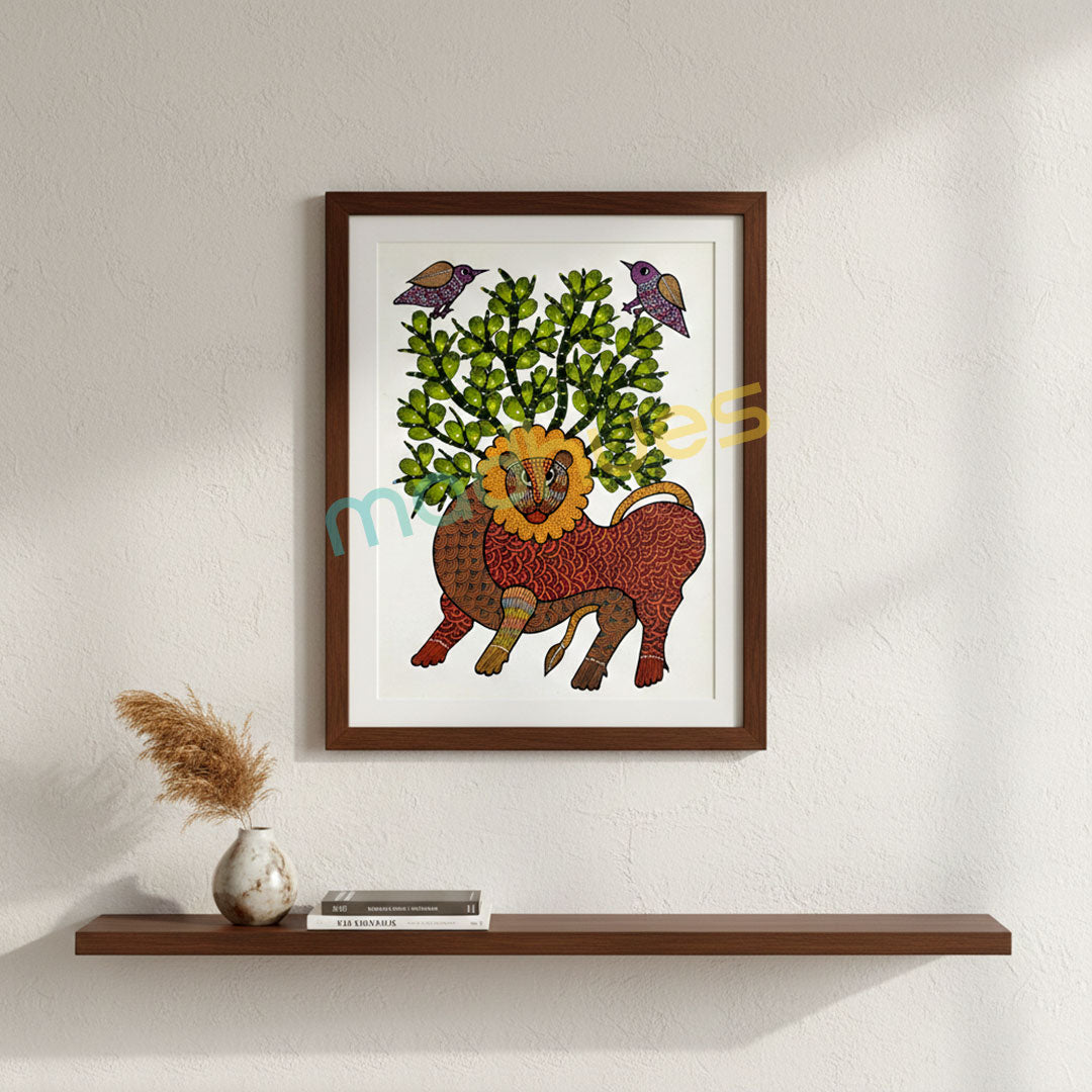 Lion and Tree Gond Art Painting - Handmade Folk Art on Paper