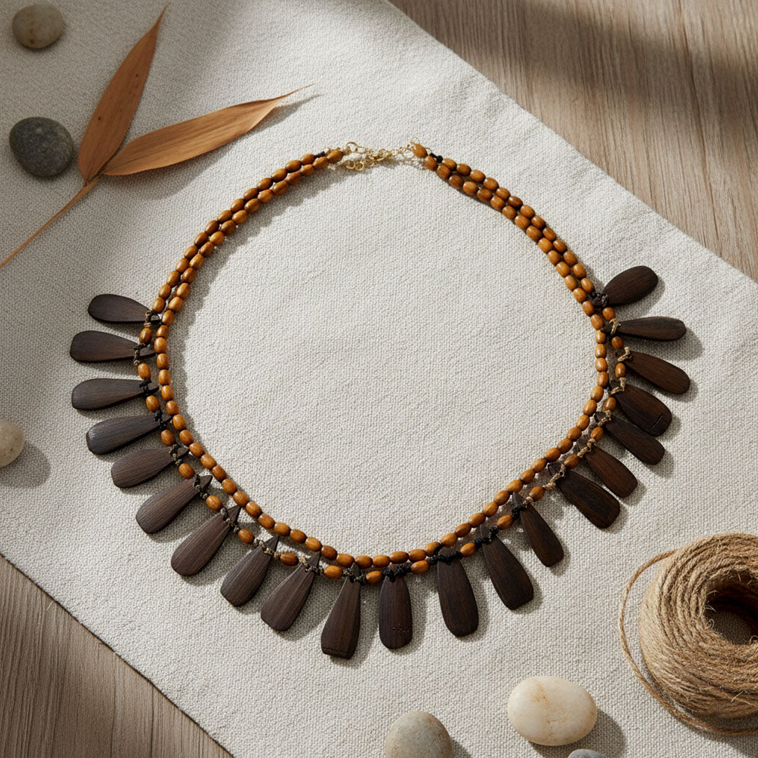 Double-Strand Wooden Bead Necklace with Paddle Charms