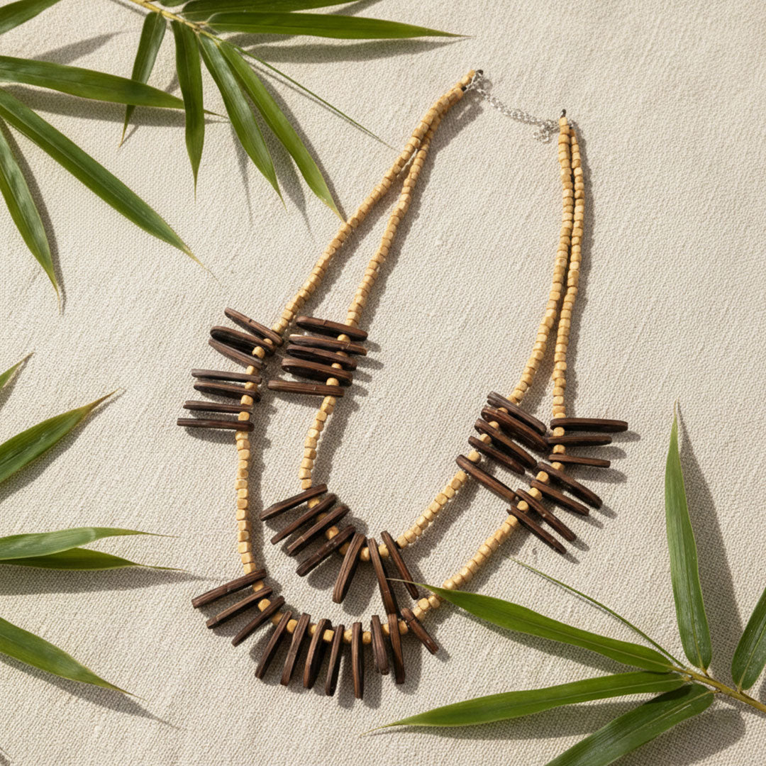 Double Layer Wooden Bead and Stick Statement Necklace