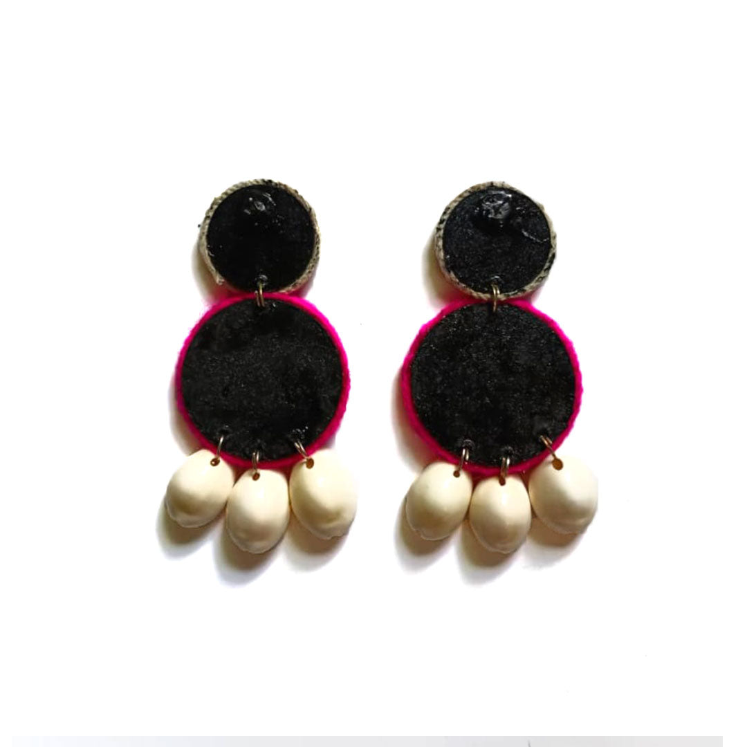 Neon Pink & Cowrie Shell Drop Earrings - Image 3