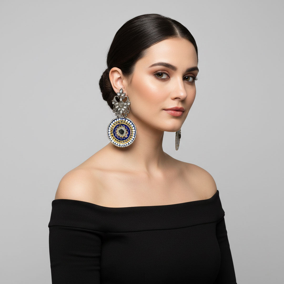 Handmade Blue Mandala Oxidized Silver Earrings