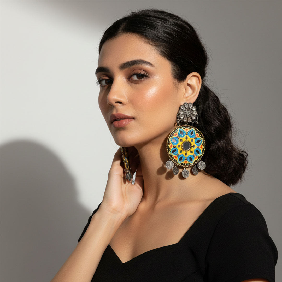 Colorful Handmade Mandala Mirror Earrings with Coin Charms
