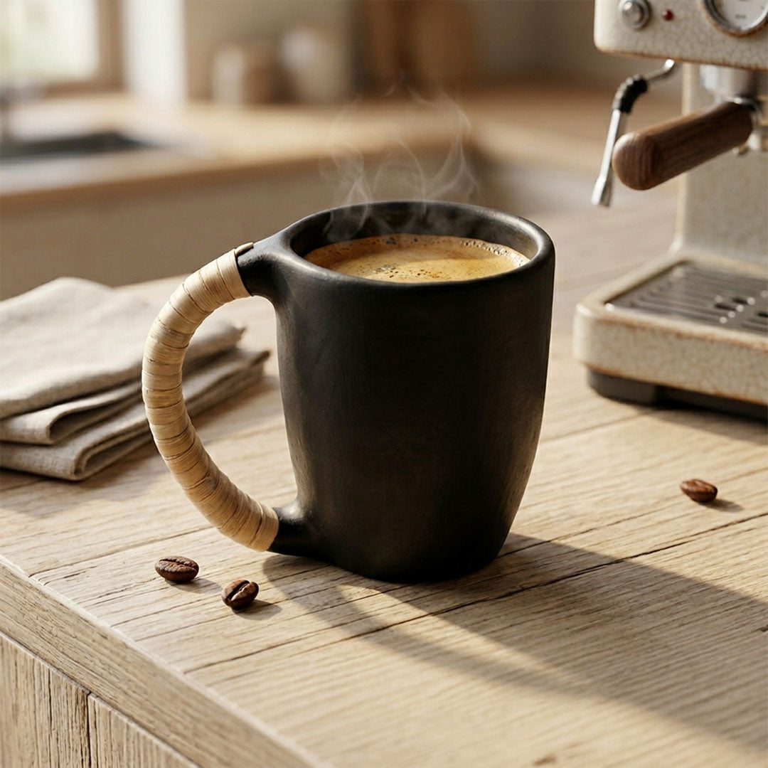 Longpi Black Pottery Mug with Cane-Wrapped Handle
