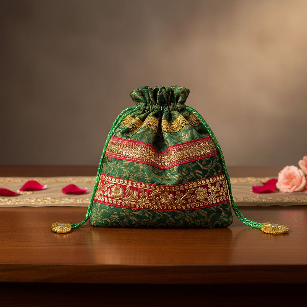 Emerald Bloom Gold Zari Potli Bag