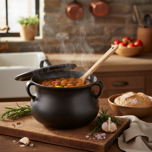 Steaming pot of soup on a wooden cutting board with kitchen background