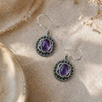 Ornate Amethyst Silver Drop Earrings in Mandala Design